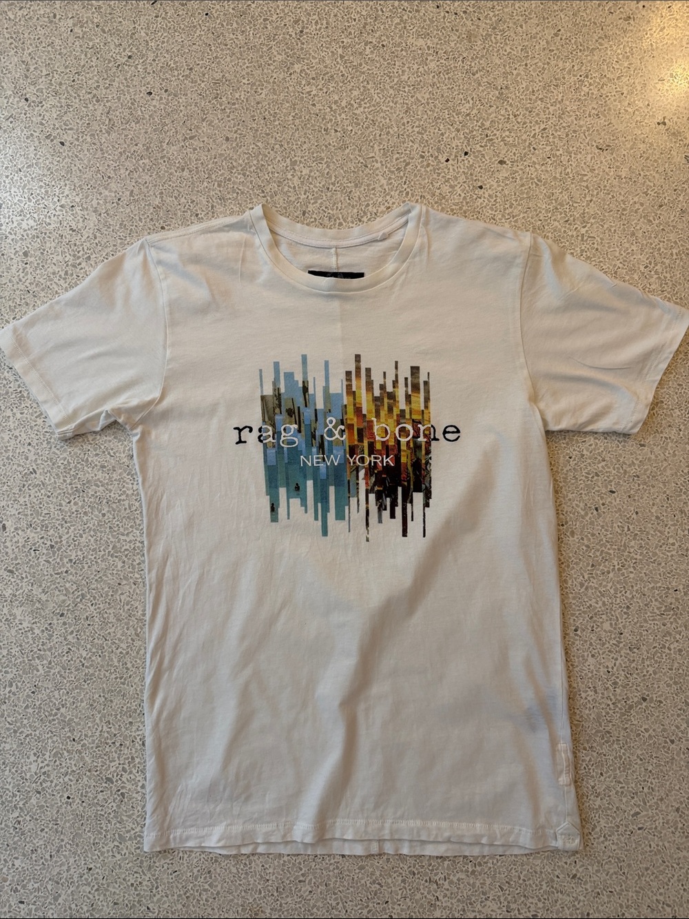 rag & bone New York White Crewneck Tee with Multicolor Graphic Small
